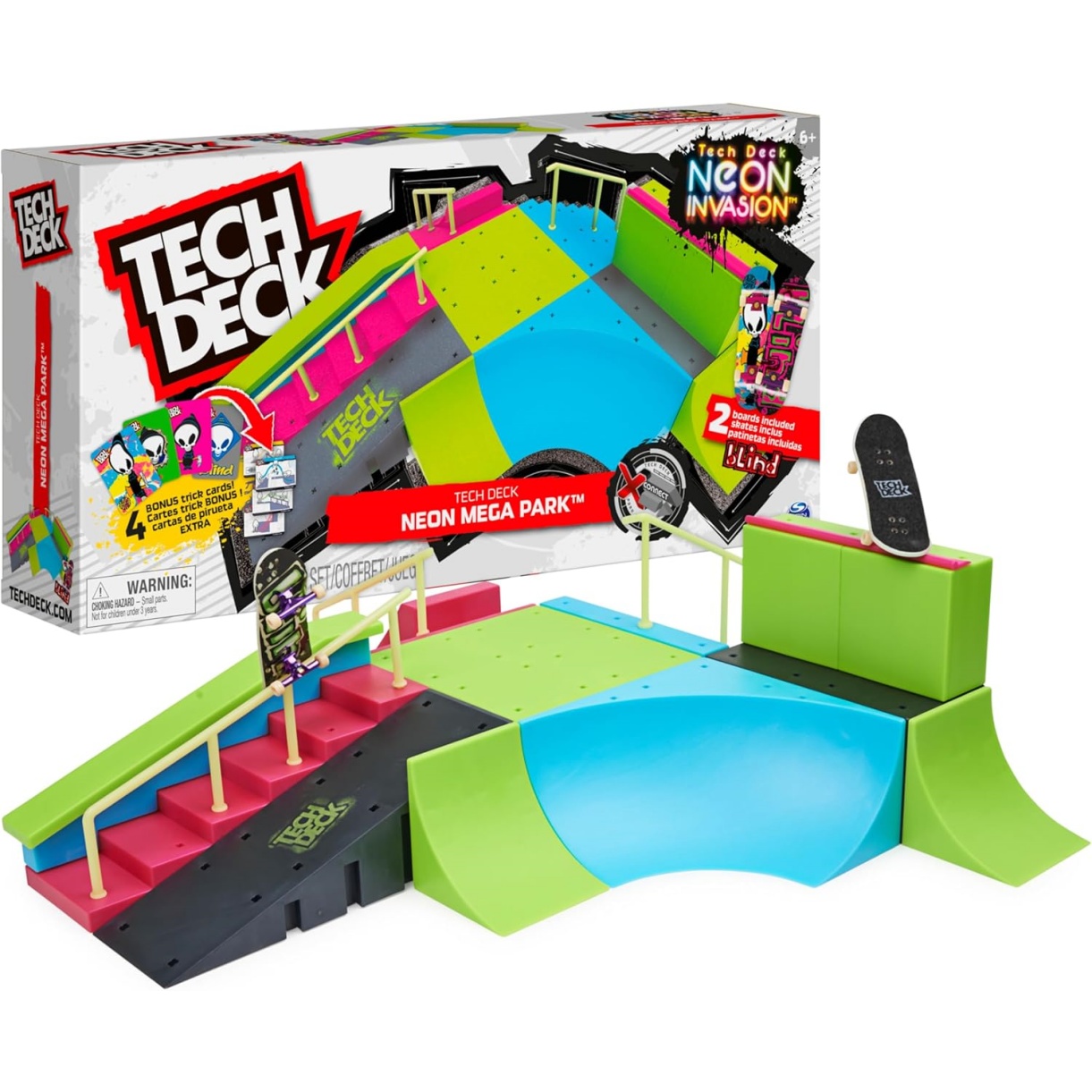 Tech Deck, Neon Mega Park X-Connect Creator, Customizable Glow-In-The-Dark Ramp Set With 2 Blind Skateboard Fingerboards, 90+ Pieces, Gift For Ages 6+